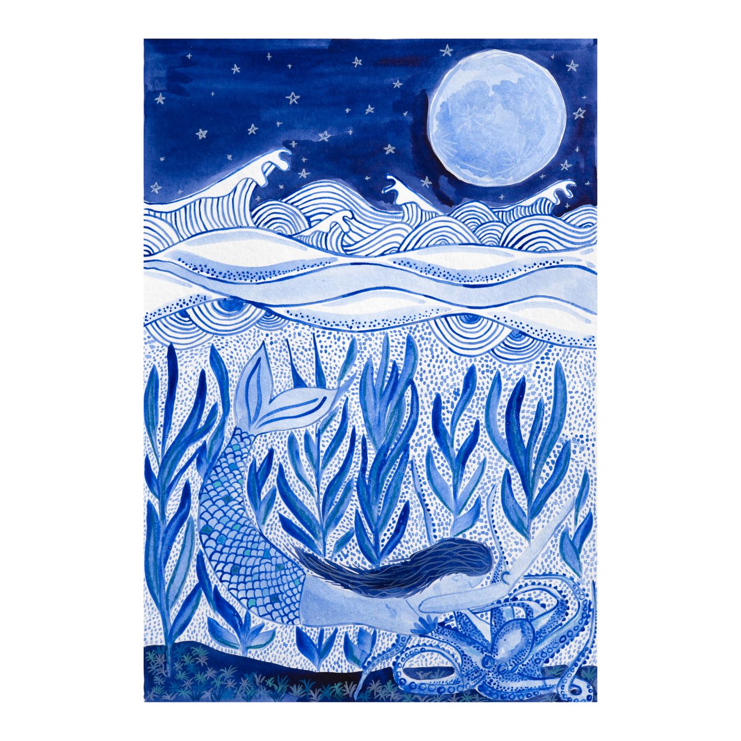 Mermaid underwater scene with ocean waves and moonlight