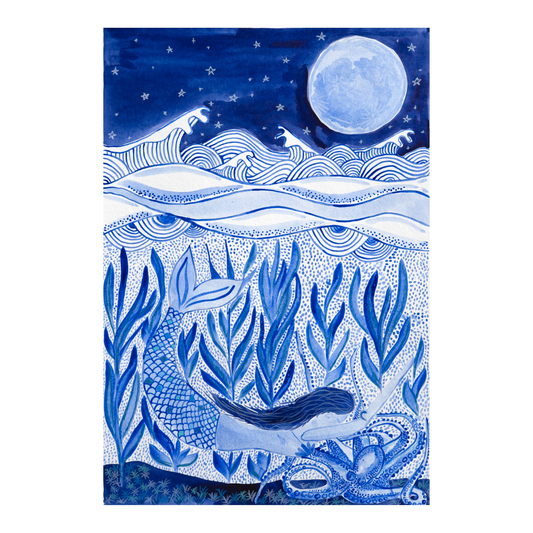 Mermaid underwater scene with ocean waves and moonlight