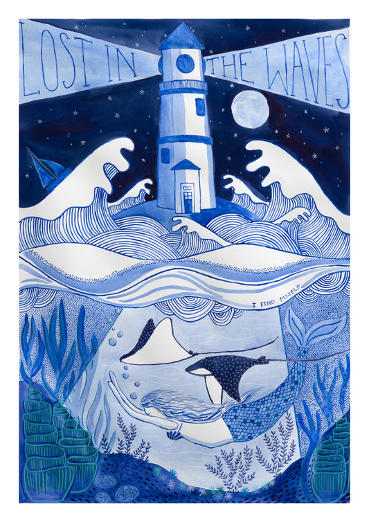 Illustration of a lighthouse with waves and whales, titled 'Lost in the Waves I Find Myself" By Tinker Blue artist Sophia Cruden.
Inspirational artwork, self discovery artwork, mermaids, lighthouse, ocean themed artwork