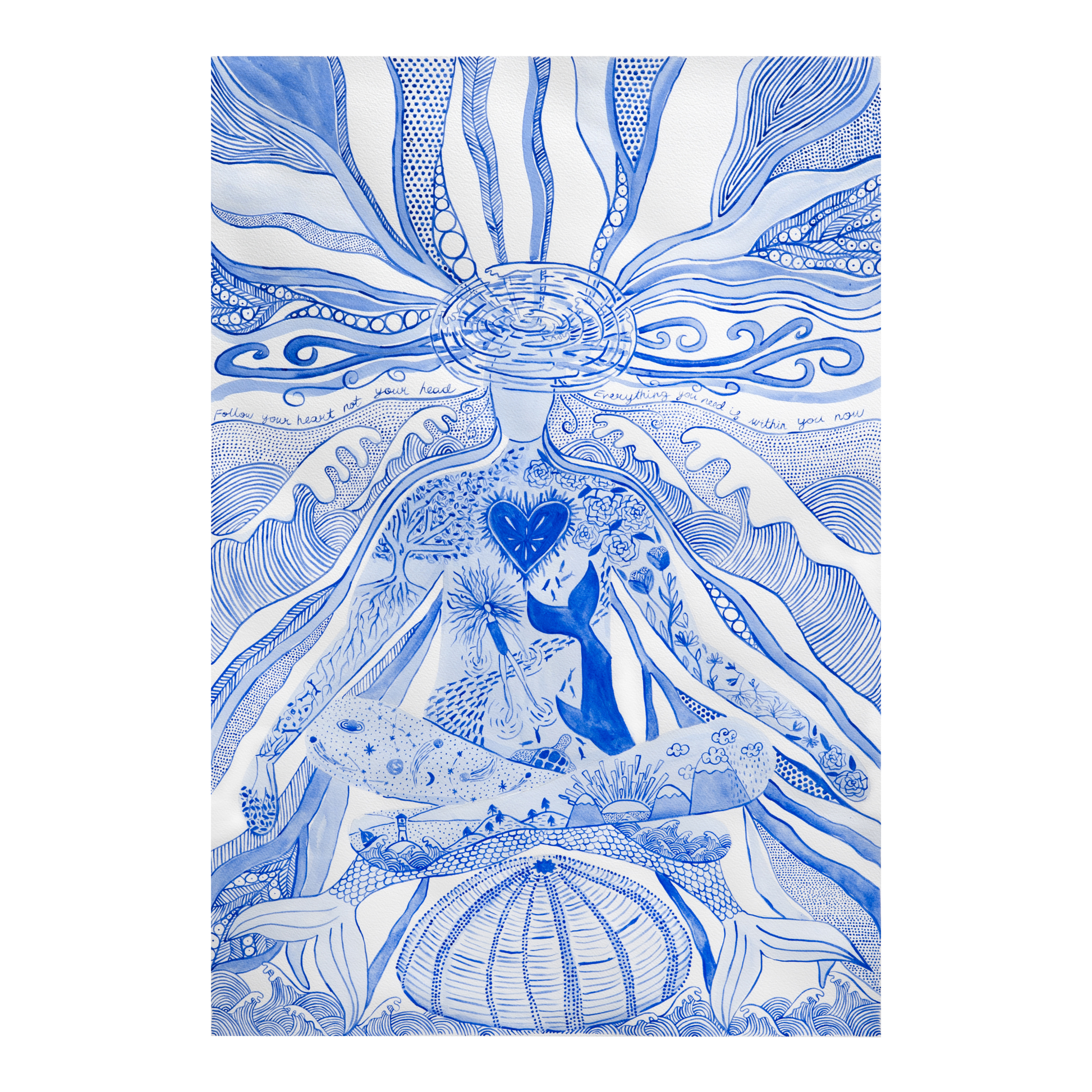 Blue and white ink on paper artwork titled Everything you Need Is Within You Now by Tinker Blue artist Sophia Cruden. A stylised human figure in mediative pose filled with symbols including a heart, whale, mountains, lighthouse, ocean and outer space. Flowing lines radiate from the figure's head representing intuition, inner wisdom, creativity and self belief.