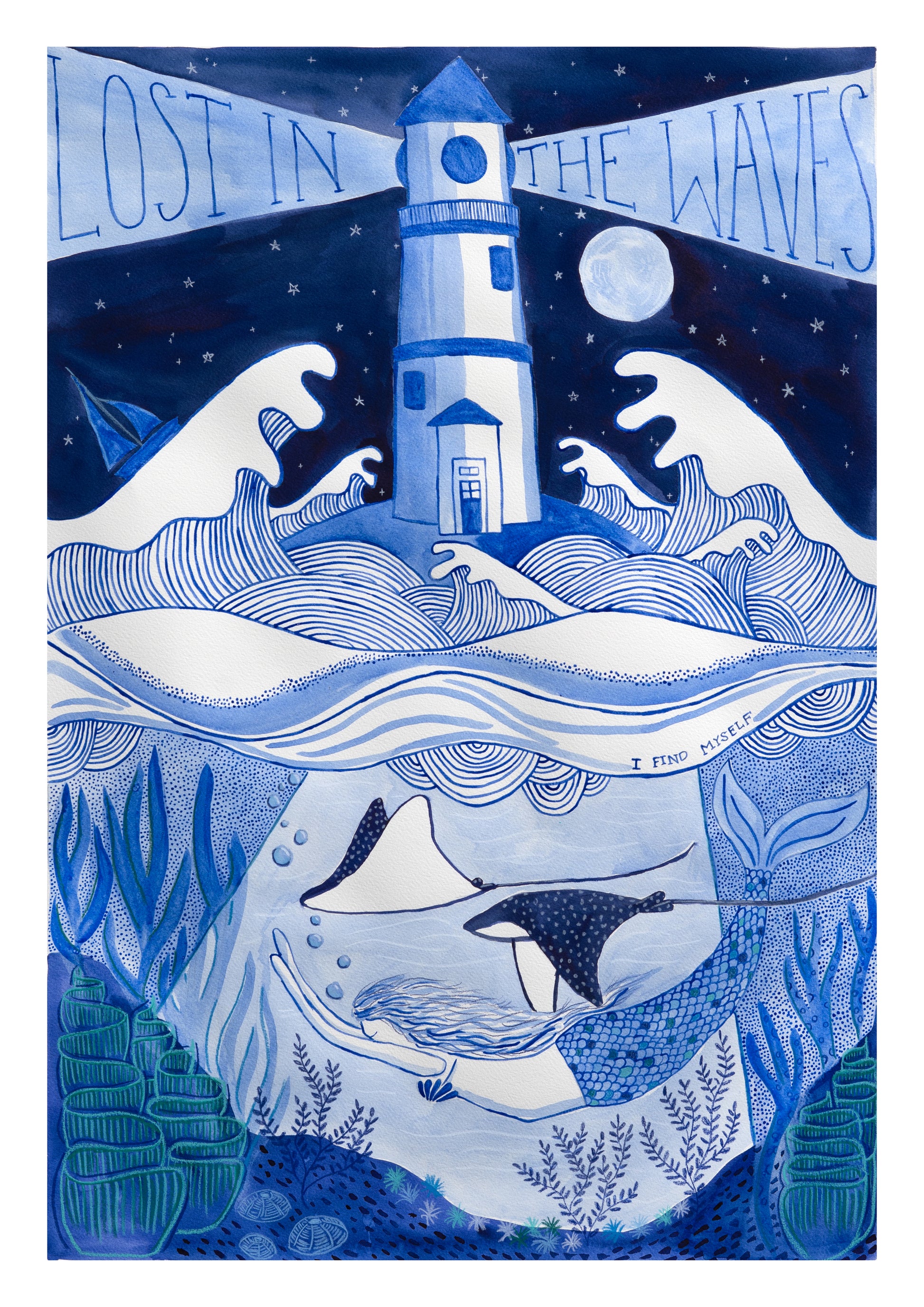 Illustration of a lighthouse with waves and whales, titled 'Lost in the Waves I Find Myself" By Tinker Blue artist Sophia Cruden.
Inspirational artwork, self discovery artwork, mermaids, lighthouse, ocean themed artwork