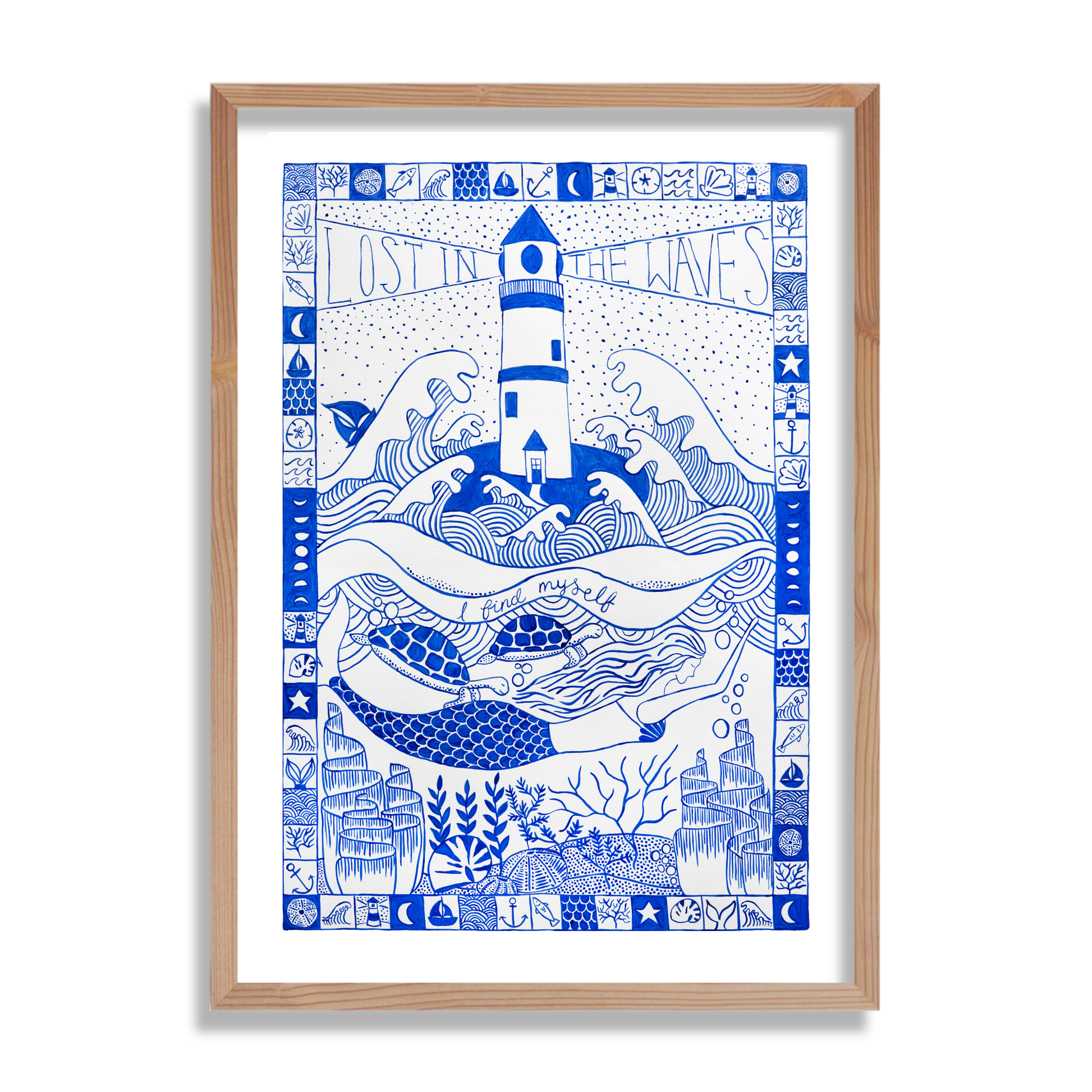 Lost in the Waves I find Myself is a reflection on surrender, self discovery and the journey back to who we truly are.
A lighthouse stands as a symbol of guidance and hope, reminding us that even when we are lost there is a light leading us home. Beneath the waves a mermaid drifts peacefully amongst sea turtles and coral. Painted by Tinker Blue artist Sophia Cruden